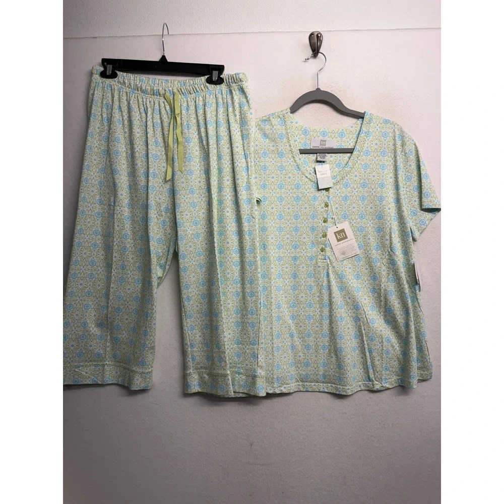 Karen Neuburger Maternity Pajama Set M Blowing in the Wind Blue Green knCool NEW